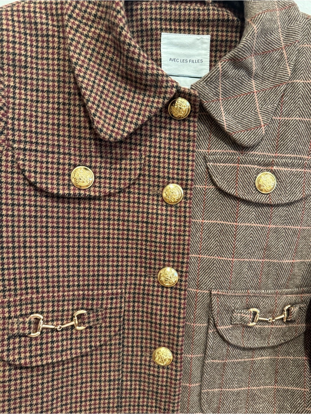 Avec Les Filles Mixed Plaid Houndstooth Cropped Equestrian Jacket Small NWT Gold - Picture 8 of 10